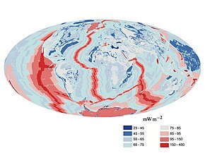 A map of heat flow from Earth's interior to the surface of Earth's crust, mostly along the oceanic ridges Earth heat flow.jpg