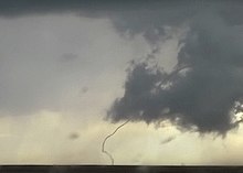 A tornado dissipating or "roping out" in Eads, Colorado. Eastern Colorado Tornado Ropes Out.jpg