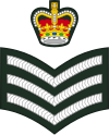 The rank insignia of a Superintendent (left) and Senior Sergeant (right) of the Royal Police Force of Antigua and Barbuda featuring St Edward's Crown[61]