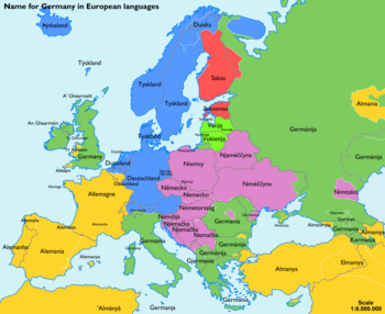 European languages - name derived from:
.mw-parser-output .legend{page-break-inside:avoid;break-inside:avoid-column}.mw-parser-output .legend-color{display:inline-block;min-width:1.25em;height:1.25em;line-height:1.25;margin:1px 0;text-align:center;border:1px solid black;background-color:transparent;color:black}.mw-parser-output .legend-text{}
Proto-Germanic *Theudiskaz
Latin Germania
the name of the Alamanni tribe
the name of the Saxon tribe
Proto-Slavic *nem'c'
Unclear origin Germany Name European Languages.png