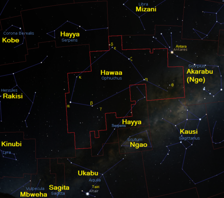 Hawaa (kundinyota) Kundinyota Hawaa (Ophiuchus) (CC BY-SA 4.0 © 2004-2016 Fabien Chereau et al. Stellarium)