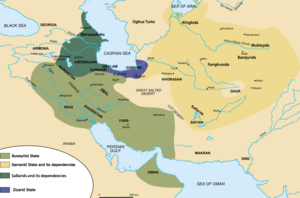 Map of the Iranian dynasties in the mid 10th-century. Iran circa 1000AD.png