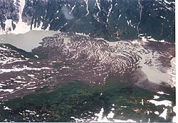 A valley filled with rugged rock in a mountainous area.