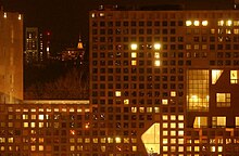 Residents of MIT's Simmons Hall collaborated to make a smiley face on the building's facade, December 8, 2002. MIT Simmons Smiles.jpg