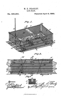 Spécifications pour un radeau de sauvetage pliable, vu de dessus et de côté, avec des flotteurs en métal creux et des parois en treillis.