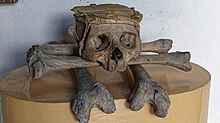 A human skull and bones displayed in the Museo de Orishas in Havana. Human material remains are included in the nganga of Palo Museo de Orishas 12.jpg