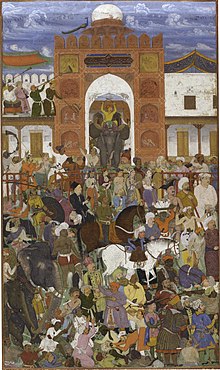 Artistic impression of a Nowruz celebration in the Mughal Empire during the reign of Jahangir, depicted as part of the St. Petersburg Album of the Russian Academy of Sciences. Nauroz durbar of Jahangir (left half), From the St. Petersburg Album (Russian Academy of Sciences Ms. E-14 f.10).jpg