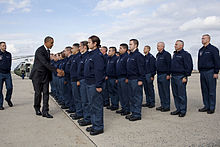 President Barack Obama greets personnel at the base in October 2010. Obama at Joint Base Andrews.jpg