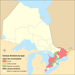 Les municipalités de palier supérieur de l'Ontario parmi les autres divisions de recensement de la province d'après le recensement fédéral de 2011