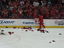 Hats on the Verizon Center ice after Alex Ovechkin's hat trick, 7 February 2010 Ovechkin hat-trick (February 7, 2010).jpg