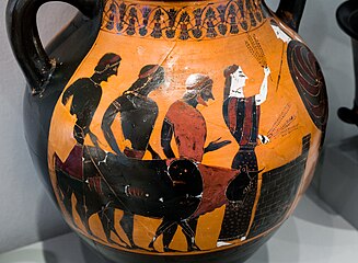 Taur prezentat ca ofrandă zeiței Atena. Amforă din Vulci, Italia (550-540 î.Hr.)