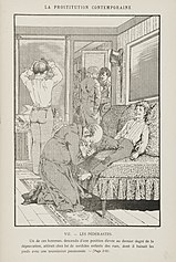 Молли-хаусы в судебных процессах часто рассматривались как публичные дома [1]. На этой фотографии изображен мужской бордель, иллюстрация Леона Шубрака (известного также как Надежда), включенная в книгу Лео Таксиля «Современная проституция», 1884, стр. 384, таблица VII.