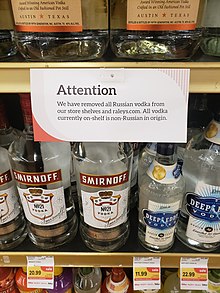 Retailers around the world removed Russian-made products from their inventories due to the invasion, either voluntarily or as a result of sanctions. Russian vodka boycott Raley's.jpg