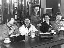 Shop stewards in the canteen of the Burrard Dry Dock in North Vancouver, British Columbia, Canada. Commencing in 1942, Burrard Dry Dock hired over 1000 women, all of whom were dismissed at the end of the war to make way for returning men. Shop Stewards at Burrard Drydock.jpg