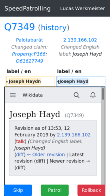 an anonymous editor changed the English label of Q7349 from Joseph Haydn to Joseph Hayd; at the bottom of the screen there are buttons to skip, patrol, or rollback the edit
