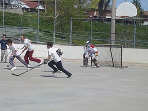 A game of street hockey in Toronto, Ontario, C...