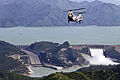 A U.S. Marine Corps CH-46 Sea Knight helicopter en route from Tarbela Ghazi Airbase, providing flood relief efforts in 2010.