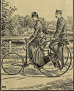 Tandem tricycle, Suitable for ladies or gentlemen - safe, practicable, fast. The bicycling world, 16 Sept., 1887. The bicycling world (1887) (14577452138).jpg