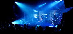 Tool performing live in 2006. Visible from left to right are: Adam Jones, Maynard James Keenan and Justin Chancellor.