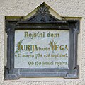 Plaque on the house where Jurij Vega was born