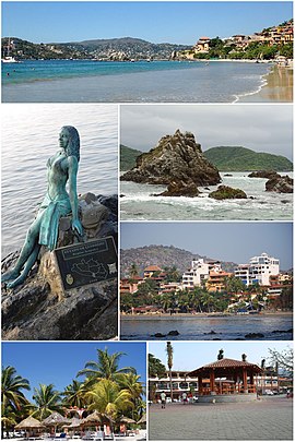 Вверху слева направо: панорамный пляж Ла Ропа, Статуя на побережье, представляющая Акапулько в Сиуатанехо, Скалы в заливе, Отели в Плайя Мадеро, Плайя Куачалалате и Плайя Ла Ропа.