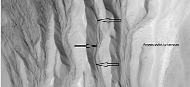 This enlargement of a small part of the previous image shows terraces along a gully channel. The terraces were created when a new channel cut through the old surface. This means that the gully was not in a single event. Water must have flowed more than once in this location.