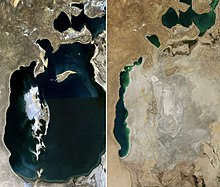 One of the many impacts of the approach to the environment in the USSR and post-Soviet states is the Aral Sea. (See status in 1989 and 2014.) AralSea1989 2014.jpg