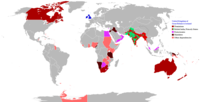 Red shows self-governing North American British colonies and pink shows claimed and largely indirectly controlled territories in 1775.