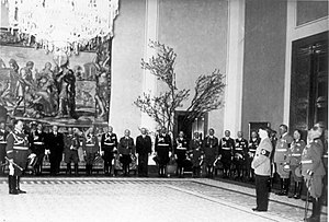 German government officials congratulating Hitler at the Reichskanzlei in Berlin Bundesarchiv Bild 183-1988-0202-503, Hitlers 50. Geburtstag.jpg