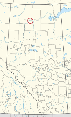 A map of the province of Alberta showing 80 counties and 145 small Indian reserves. One is highlighted with a red circle.