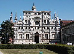 The facade of the Certosa di Pavia Monastery