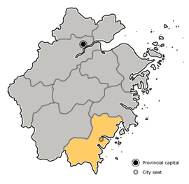 Wenzhoun sijainti Kiinan Zhejiangin maakunnassa