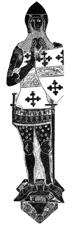 Fig. 26.—Brass of Sir William de Aldeburgh at Aldborough, Yorks. Arms: Azure, a fesse argent between three cross crosslets or. (From a rubbing by Walter J. Kaye.)