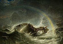 A ship with a shattered mast is sinking in darkness beneath crashing waves near an indistinct rocky shore. A pale rainbow appears in the spray around the ship.