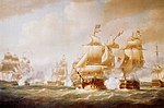 Duckworth's Action off San Domingo, 6 February 1806 de Nicholas Pocock. L'Agamemnon est visible au loin (3e navire à partir de la gauche).
