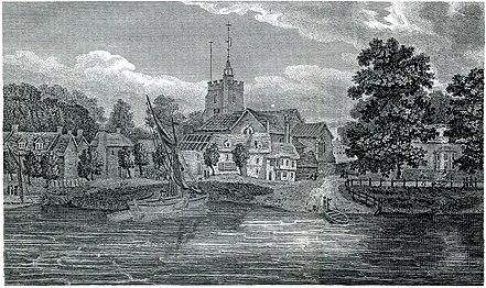 Engraving by Robert Blemmell after Jacob Schnebbelie, 1807, showing the church before its Victorian era rebuilding, and the fisherman's village, Slut's Hole, that stood below it[8]