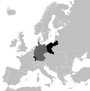 German territories lost in both World Wars are shown in black, while present-day Germany is marked dark grey on this 1914 map. Former German territories.svg