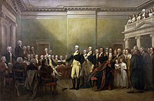 Painting by John Trumbull, depicting General Washington, standing in Maryland State House hall, surrounded by statesmen and others, resigning his commission