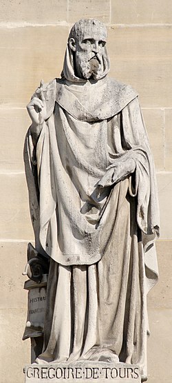 Gregorio de Tours fare de Jean Marcellin. Pierre, antaŭ 1853. Unua statuo de la pavilono Turgot en la pavilono Richelieu, korto Napoléon, palaco de Luvro en Parizo.
