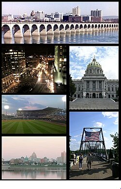 From top to bottom, left to right: Harrisburg skyline; Market Square in Downtown Harrisburg; Pennsylvania State Capitol; Metro Bank Park ; Walnut Street Bridge; دریائے سسکوہینا