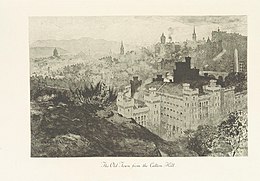 Image of the Old Town from Calton Hill taken from page 179 of 'Edinburgh: Picturesque Notes' (1896) by Robert Louis Stevenson. Etchings by A. Brunet-Debaines from drawings by S. Bough and W. E. Lockhart.
