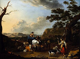 Jan Frans Soolmaker, Southern mountainous landscape with shepherds, their flock and a woman spinning