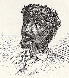 Black and white sketch of the bust of a man. His features are darkly shaded. He has dark curly hair and a goatee.