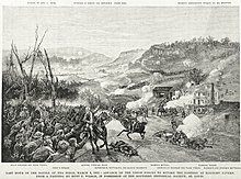 Black and white print shows a general with his arm in a sling rallying gray-coated soldiers. At right, artillery units are firing near a building.