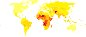 Disability-adjusted life year for lower respiratory infections per 100,000 inhabitants in 2004
no data
less than 100
100-700
700-1,400
1,400-2,100
2,100-2,800
2,800-3,500
3,500-4,200
4,200-4,900
4,900-5,600
5,600-6,300
6,300-7,000
more than 7,000 Lower respiratory infections world map - DALY - WHO2004.svg