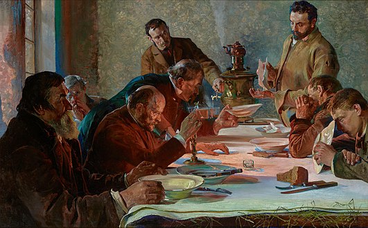 Wigilia na Syberii (Jacek Malczewski) „Talerz podstawiam by nie uronić Tego czym życie się słodzi Inny w talerzu pustym twarz schronił Bóg się nam jutro urodzi.” – Wigilia na Syberii