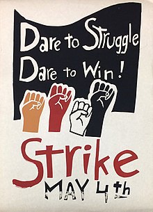 A poster publicizing the student strike of 1970. In the 1960s and 70s, colleges and universities became centers of social movements. May 4th Strike Poster.jpg
