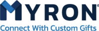 The text "MYRON" in blue over white background with "Connect with custom gifts"