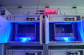 Cages for rat equipped with optogenetic LED commutators which permit in vivo study of animal behavior during optogenetic stimulations Optogenetics imetronic.JPG