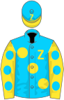 Pale blue, large yellow spots, hooped sleeves